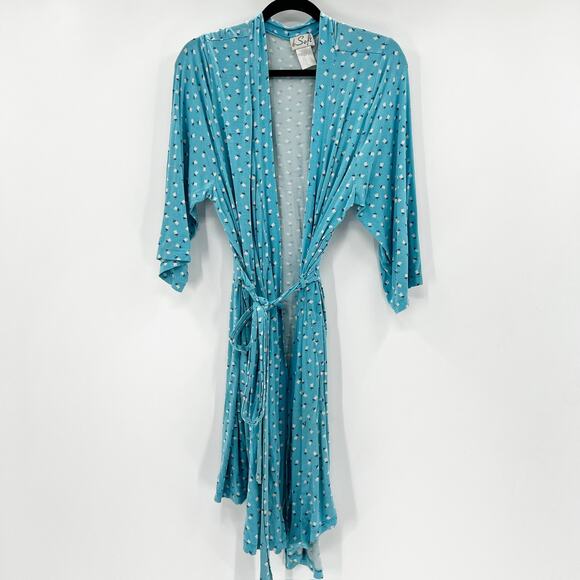 B Soft Women's Blue Floral 3/4‎ Sleeve Tie Waist Mini Sleep Robe Size L/XL - Picture 1 of 3